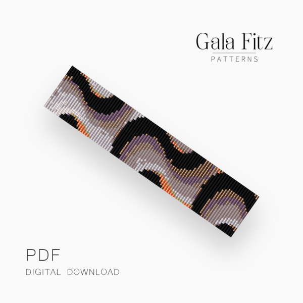 Modern geometric loom bracelet pattern with black arches, neutral colors, and lavender accents.