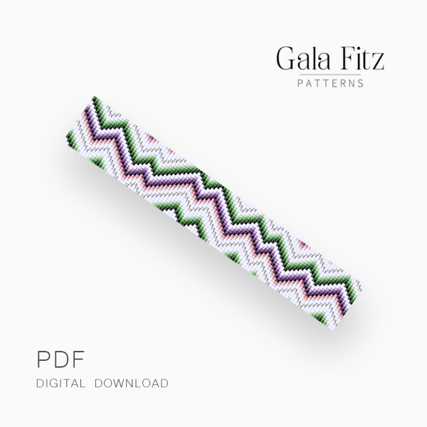 Pastel chevron Loom bracelet pattern with green, lavender, pink, and white zigzag stripes.