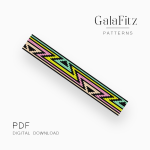 Colorful loom bracelet pattern with a bold black zigzag motif and geometric accents in mint, pink, yellow, and beige.