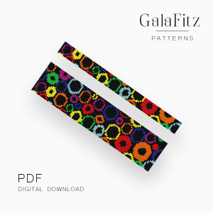 Colorful circle loom bracelet pattern with vibrant ring motifs on a black background.