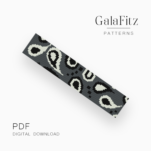 Monochrome paisley loom bracelet pattern with white paisley motifs on a dark charcoal background.