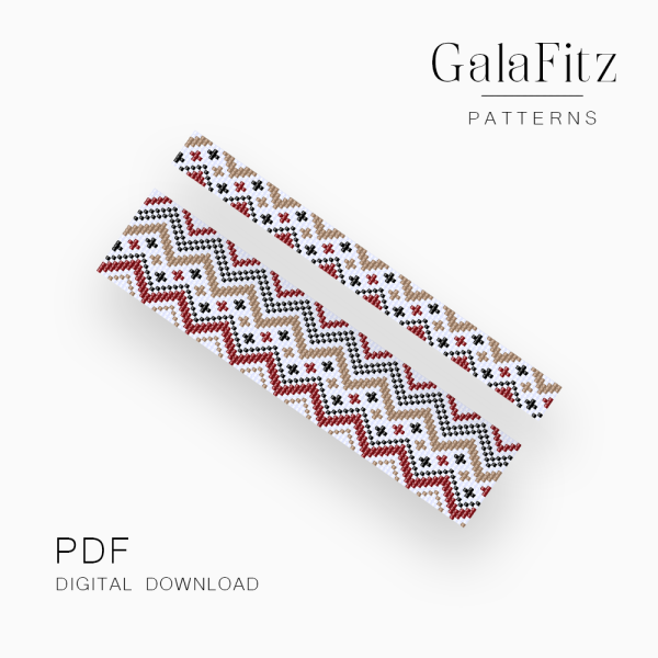Folk-inspired loom bracelet pattern with red, black, beige, and white zigzag motifs, available in wide and narrow versions.