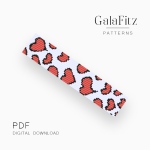 Red heart bead loom bracelet pattern with black outlined hearts on a white background.