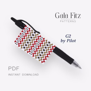 Red zigzag ornament even count peyote pen wrap bead pattern in red, beige, brown and white.