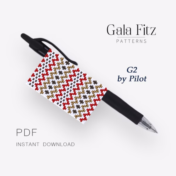 Red zigzag ornament even count peyote pen wrap bead pattern in red, beige, brown and white.