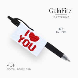 I Love You beaded pen wrap pattern for G2 pens by Pilot with a red heart replacing the word love.