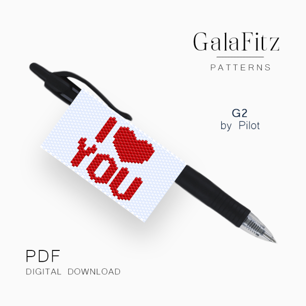 I Love You beaded pen wrap pattern for G2 pens by Pilot with a red heart replacing the word love.