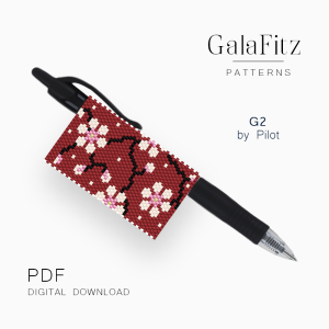 Cherry blossom peyote pen wrap bead pattern with pink flowers on a burgundy background.