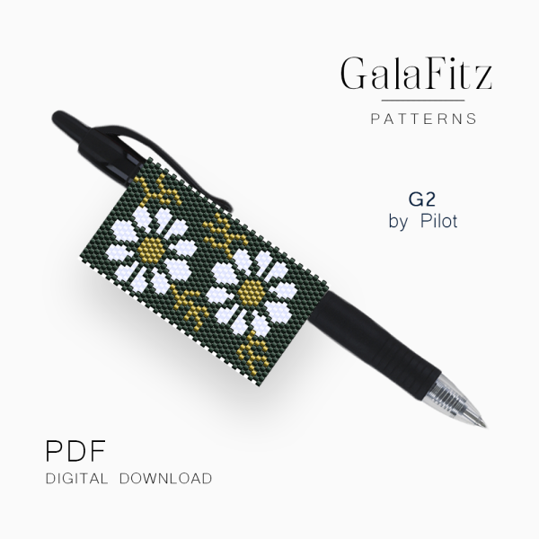Daisy beaded pen wrap pattern for G2 pens by Pilot with white flowers on a dark green background.