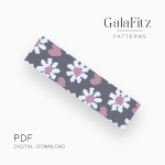 Abstract loom bracelet pattern featuring white daisies with pink centers and pink hearts on a gray background.