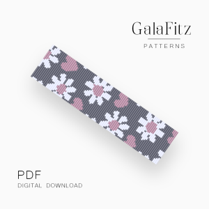Abstract loom bracelet pattern featuring white daisies with pink centers and pink hearts on a gray background.