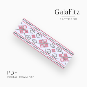 Folk geometric Loom bracelet pattern with pink, gray, and white ornamental motifs.