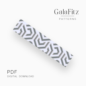 Interlocking Angles Loom bracelet pattern with repeating gray and white geometric motifs.