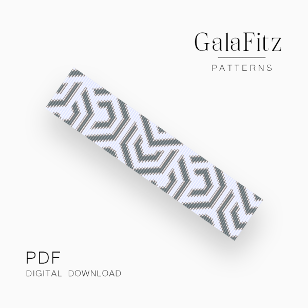 Interlocking Angles Loom bracelet pattern with repeating gray and white geometric motifs.