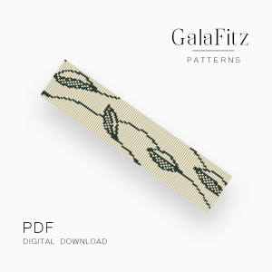 Minimalist loom bracelet bead pattern with black leaf branches on an ivory background, digital PDF download.