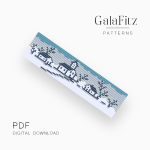 Loom bracelet pattern featuring a snowy winter village with houses and snow-covered trees in blue and white.