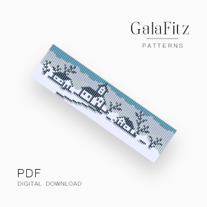 Loom bracelet pattern featuring a snowy winter village with houses and snow-covered trees in blue and white.