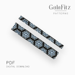 Blue snowflake bracelet pattern on a black background with icy blue and crystal-white beads, PDF digital download.