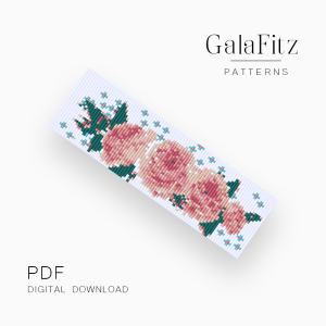 Vintage rose loom bracelet pattern with blush pink flowers, teal leaves, and light blue decorative accents.