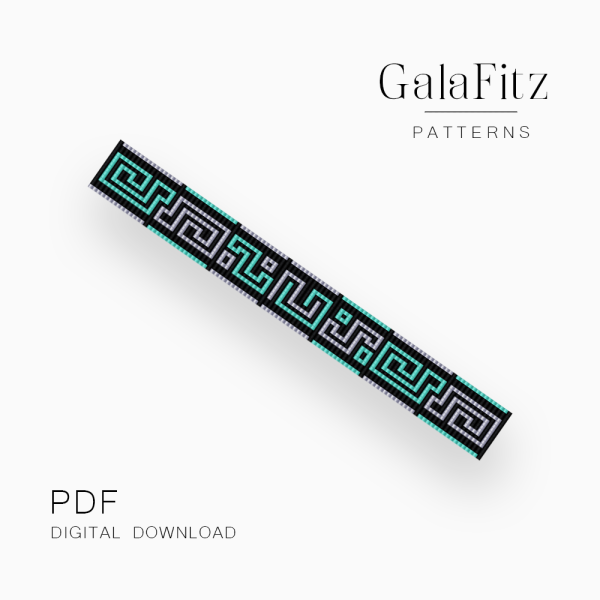 Greek Key Loom bracelet pattern with turquoise, gray, and black geometric meander design.