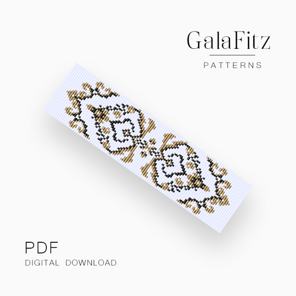 Damask ornament Loom bracelet pattern in black, antique gold, and white.