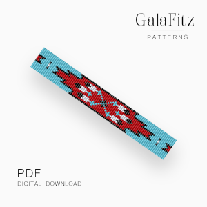 Southwestern-inspired loom bracelet pattern with red, turquoise, black, and white geometric motifs.