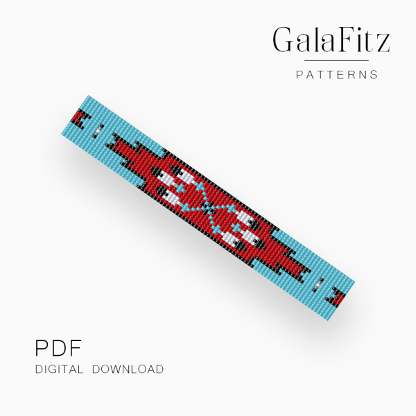 Southwestern-inspired loom bracelet pattern with red, turquoise, black, and white geometric motifs.