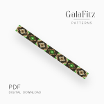 Earthy geometric loom bracelet bead pattern with ivory diamond-inspired motifs and green accents on a brown background.