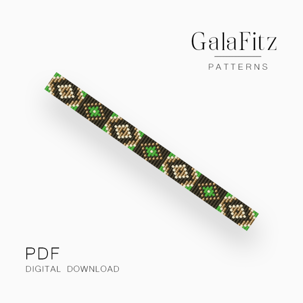 Earthy geometric loom bracelet bead pattern with ivory diamond-inspired motifs and green accents on a brown background.
