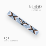 Native American inspired loom bracelet pattern with tribal geometric motifs in beige, brown, black, and ivory on a light blue background.