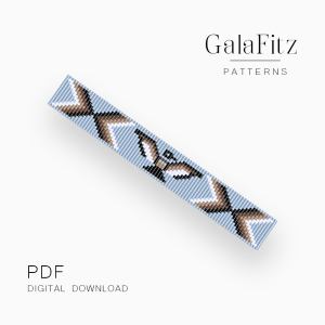 Native American inspired loom bracelet pattern with tribal geometric motifs in beige, brown, black, and ivory on a light blue background.