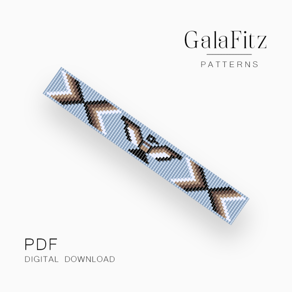 Native American inspired loom bracelet pattern with tribal geometric motifs in beige, brown, black, and ivory on a light blue background.
