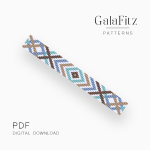 Modern boho loom bracelet pattern with soft diamond motif in aqua, blue, beige, brown, and white beads.