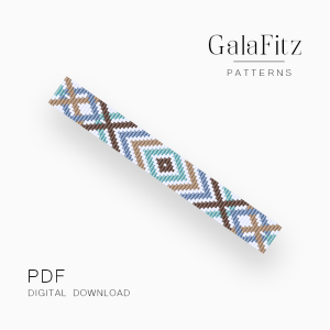 Modern boho loom bracelet pattern with soft diamond motif in aqua, blue, beige, brown, and white beads.