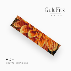 Loom bracelet pattern with large orange dahlia flowers and layered petals in warm autumn colors.