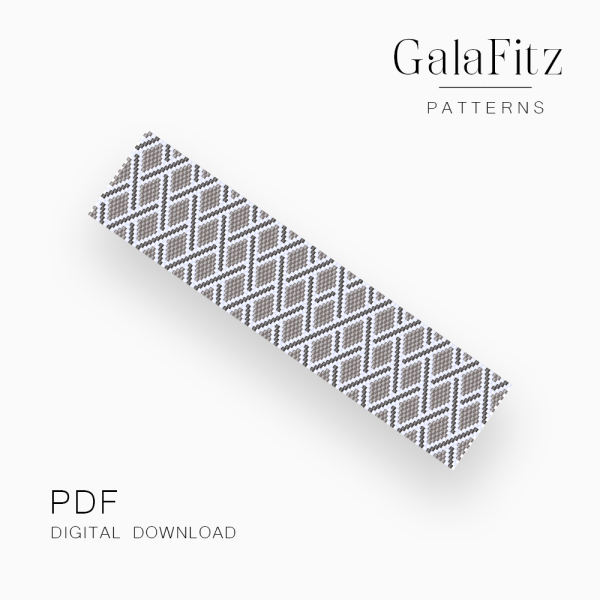 Diamond lattice peyote bracelet pattern in taupe and white, digital PDF download