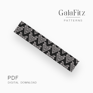 Black peyote bracelet pattern with repeating silver-white layered geometric shapes and angular triangular details.