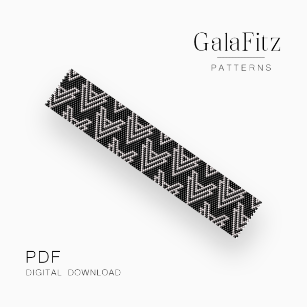 Black peyote bracelet pattern with repeating silver-white layered geometric shapes and angular triangular details.