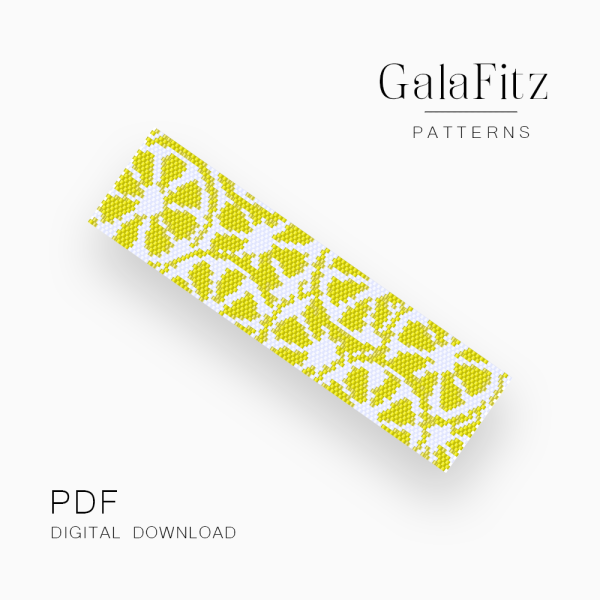 Yellow and white peyote bracelet pattern featuring repeated lemon slice shapes on a white background.