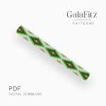Green diamond loom bracelet pattern with repeating geometric motifs and golden accents on a white background.