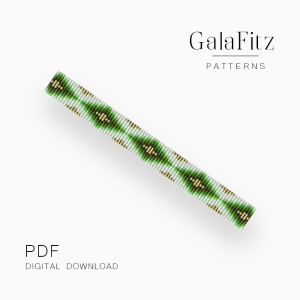 Green diamond loom bracelet pattern with repeating geometric motifs and golden accents on a white background.