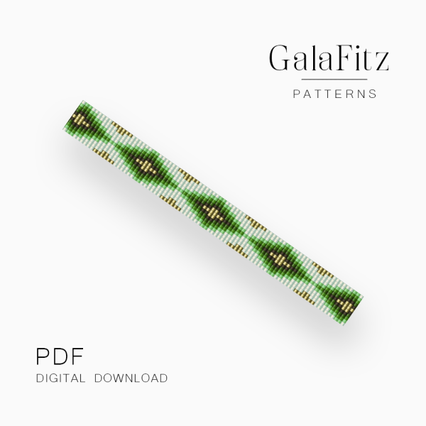 Green diamond loom bracelet pattern with repeating geometric motifs and golden accents on a white background.
