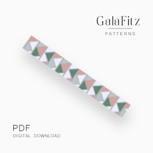 Minimalist Triangle Loom bracelet pattern featuring repeating geometric triangles in sage green, blush pink, gray, and white.