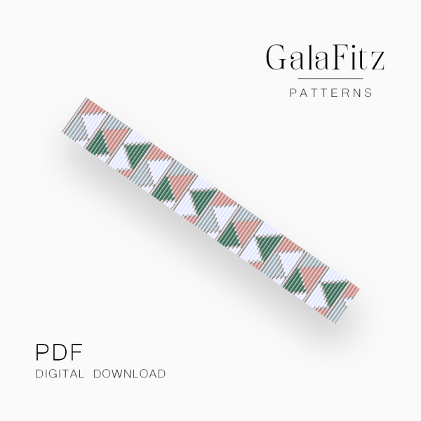 Minimalist Triangle Loom bracelet pattern featuring repeating geometric triangles in sage green, blush pink, gray, and white.