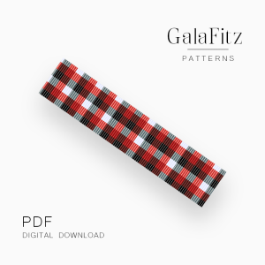 Red plaid loom bracelet pattern with checkered lumberjack-inspired bead design in a digital PDF download.