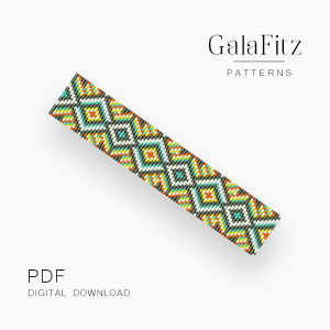 Colorful loom bracelet pattern with repeating Southwestern-style diamond motifs in turquoise, orange, yellow, and white.