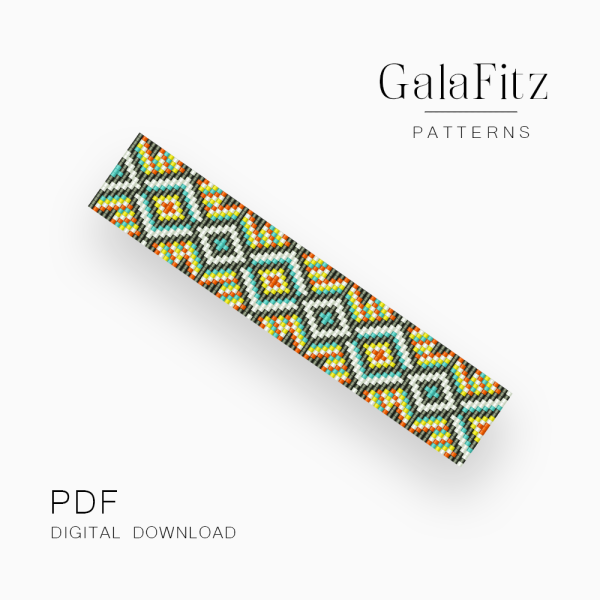 Colorful loom bracelet pattern with repeating Southwestern-style diamond motifs in turquoise, orange, yellow, and white.