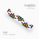 Rainbow geometric Loom bracelet pattern with colorful stepped motifs in turquoise, red, orange, yellow, black, and white.
