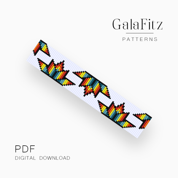 Rainbow geometric Loom bracelet pattern with colorful stepped motifs in turquoise, red, orange, yellow, black, and white.
