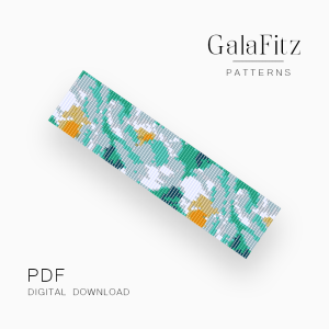 Light blue flowers loom bracelet pattern with green leaves and golden flower centers in a digital PDF.